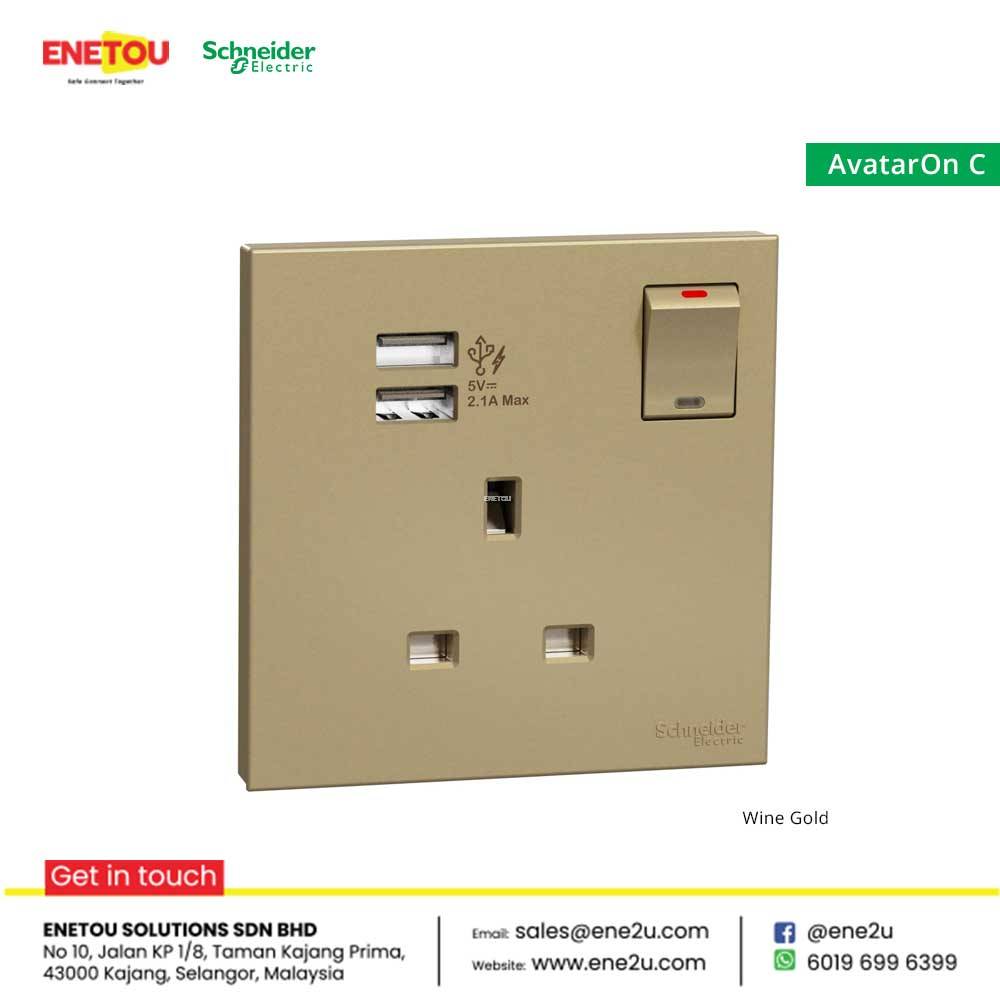 Schneider avataronC 13A 1 gang switch socket with 2.1A 2